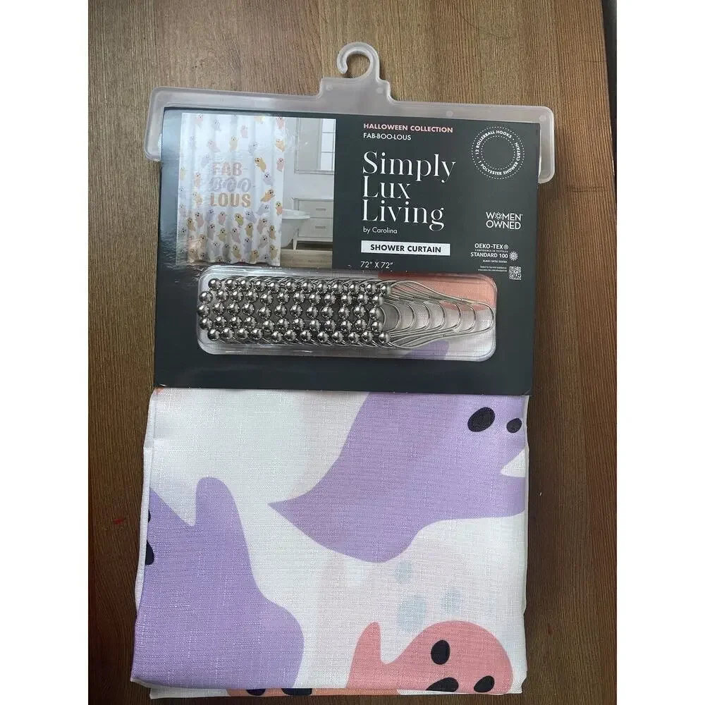 FAB BOO LOUS Halloween Pink Lilac Ghost Shower Curtain with Metal Hooks Viral